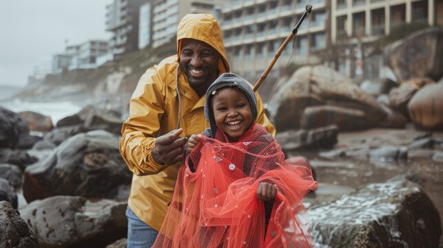Love bonding father-daughter fishing portrait on an ocean vacation. A father and daughter fishing on a beach vacation with a net and bucket. - Powered by Adobe