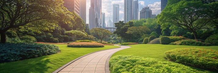 A serene pathway through a vibrant urban park, flanked by lush shrubs and skyscrapers