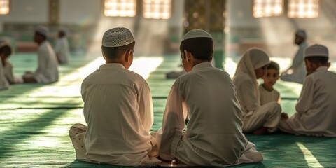 Islam, debate, mosque men with child, mindfulness, faith gratitude. Muslims praise and teach a boy in a holy sanctuary.
