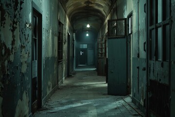 Nightmare Theme: Spine-Chilling Hallway of a Dilapidated Asylum with Flickering Lights and Creaking Doors for Halloween Designs