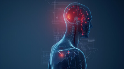 A human body with the shoulder joint highlighted in blue color and a red light shining on it, highlighting pain in that area