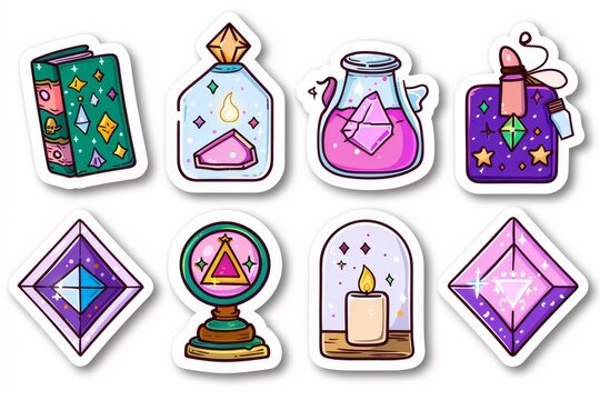 Collection of magical and colorful potion bottles in a whimsical, sticker like style, ideal for creative projects and decorative purposes