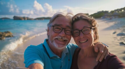 Senior couple beach selfie and portrait with smile, pout, and pride in vacation, summer, and memory. Photography, profile image, and ocean for social media mature man, woman, and outdoor.