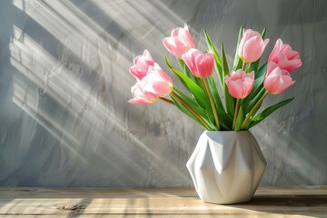 Pink tulips in white vase on wooden table in sunlight.