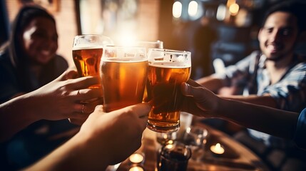 Close up of group of friends toasting with beer in a bar. Generative AI.