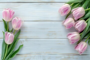 Spring flat lay with pink tulips on rustic background.