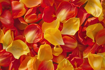 Flower yellow red tulips and petals. Floral background. Petals tulips. Close up. Nature.
