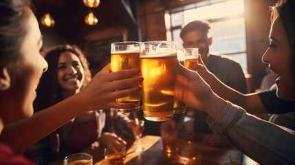 Close up of group of friends toasting with beer in a bar. Generative AI.