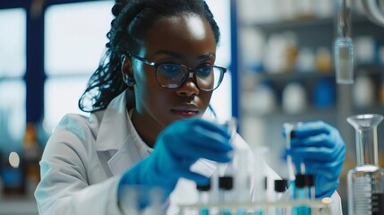 black female scientist examining medicine vials in pharmaceutical lab inclusion and diversity in stem