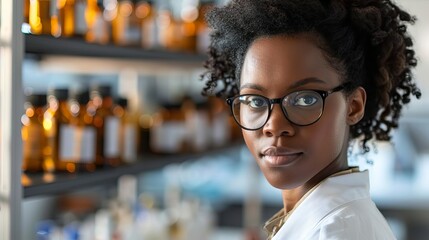 black female scientist examining medicine vials in pharmaceutical lab inclusion and diversity in stem