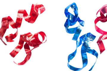 Red, on solid white, and blue streamers, isolated on solid white background, PNG di-cut style, realistic photo style, object as model