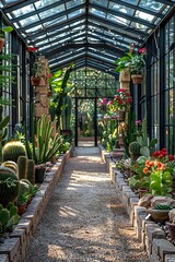 A large black greenhouse with concrete planters filled with various cacti and rocks, spiders