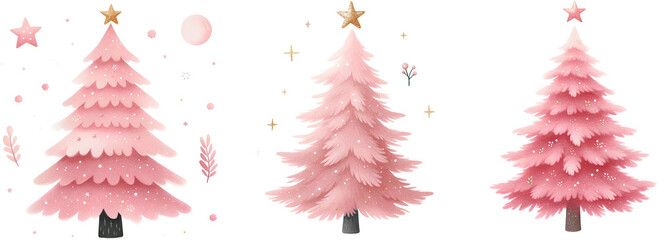 Watercolor pink Christmas tree clipart transparent background and gold star