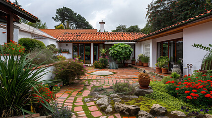 Small house with white exterior and tiled roof with inner garden