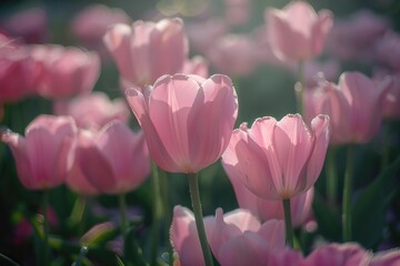 Fototapeta premium Beautiful light pink tulips in a garden bed.