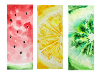 Watercolor Fruits background with watermelon, lemon and kiwi