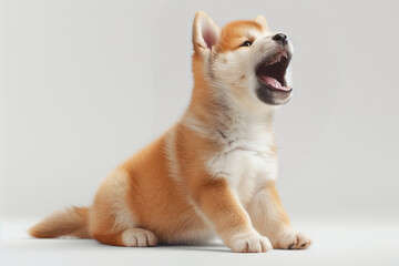An animated Akita Inu puppy demonstrating a powerful bark, captured in a full-body pose, with its mouth open and teeth visible.