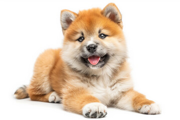 an Akita Inu puppy lying down with a cheerful expression and tongue sticking out, isolated on a white background.