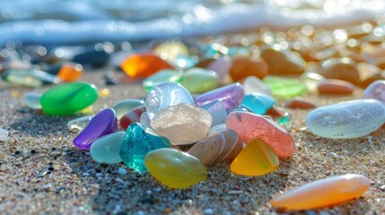 colorful sea glass and polished stones on sandy beach summer background closeup