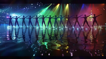 Elegant Synchronized Swim Routine Reflecting Olympic Rings Colors and Stadium Lights