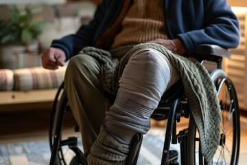 Obraz premium Self-Care and Resilience: Man in a Wheelchair with Leg Elevated and Wrapped in Cold Compression Therapy Wrap