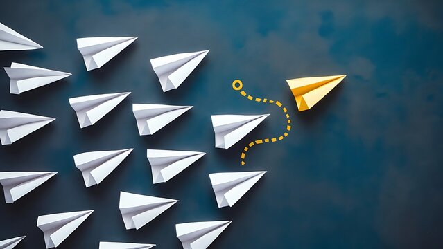 standout colored paper plane defying conformity among white planes courage determination