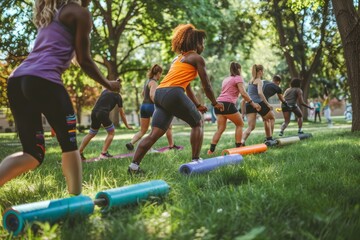 Outdoor Fitness Class for Leg Pain Prevention Using Resistance Bands and Foam Rollers in a Park Setting