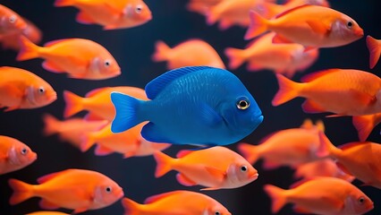 Unique blue fish standout from other fish representing bold, defiance, originality