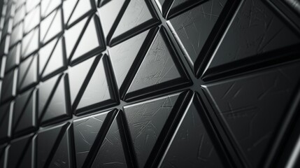 A polished, futuristic background composed of black triangular tiles arranged in a geometric pattern, creating a sleek, modern appearance. The 3D render showcases the tiles forming a textured