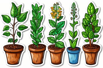 Obraz premium Colorful botanical illustration showcasing a variety of potted plants, ideal for educational and decorative purposes