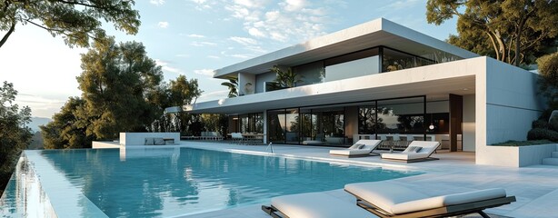 Fototapeta premium Contemporary luxury villa with blue pool