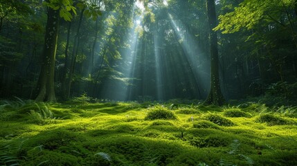 Obraz premium Majestic Forest: towering trees, a soft carpet of moss, and beams of sunlight filtering through the canopy. Emphasize the tranquility and timelessness of nature.
