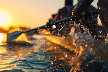 Synchronized Rowing Team at Sunrise - Precision Strokes and Water Splashes for Inspirational Sports...