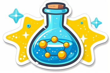 Vibrant scientific flask with a magical potion, set against a starry backdrop, ideal for themes of discovery and experimentation