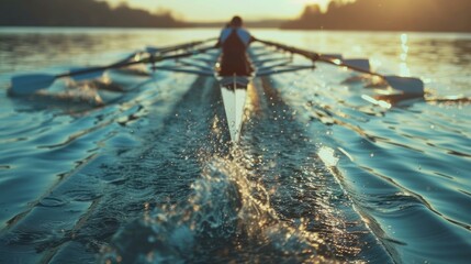 Rowing Team Synchronization at Sunrise on Peaceful Lake - Sports and Teamwork Concept