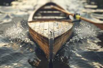 High Resolution Shot of Rowing Boat Hull Gliding Through Water with Emphasis on Oar Blades Entering...