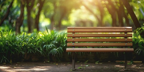 An inviting wooden bench bathed in sunlight offers a place of rest in a serene green park setting