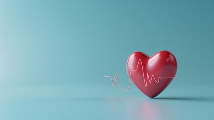 3D render of a red heart with electrocardiogram line on a blue background, symbolizing love, health, and cardiology.
