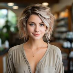 Obraz premium Confident Blonde Woman in Beige Blouse Smiling at Camera