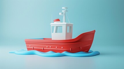 3D rendering of a red and white cartoon boat floating on blue water, set against a light blue background, showcasing minimalist design.