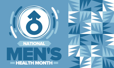 National Men's Health Month in June. Celebrated in United States. Educational program that teaches you how to work on your body. Healthy eating, exercise and disease prevention. Medical vector poster