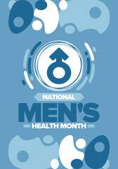 Obraz premium National Men's Health Month in June. Celebrated in United States. Educational program that teaches you how to work on your body. Healthy eating, exercise and disease prevention. Medical vector poster