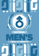 National Men's Health Month in June. Celebrated in United States. Educational program that teaches you how to work on your body. Healthy eating, exercise and disease prevention. Medical vector poster