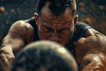 Intense Shot Put Athlete Preparing for Throw in Action-Packed Moment - Focus and Determination in Sports Photography