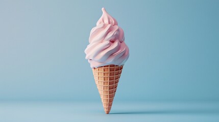 A delicious pink soft serve ice cream cone on a blue background, perfect for summer and dessert-themed concepts in stock photography.