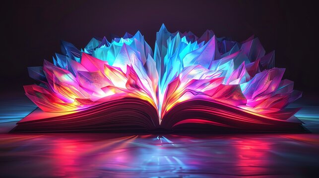 The image shows an open book with bright, colorful flames bursting from the pages.