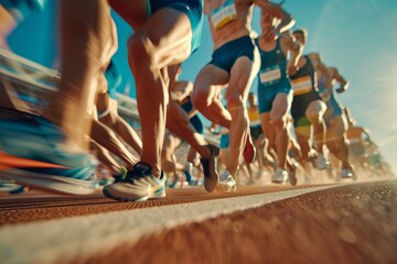 Dynamic Slow Motion Shot of Sprinters Bursting Off the Blocks at the Start of a Race - Energy and Power in Motion