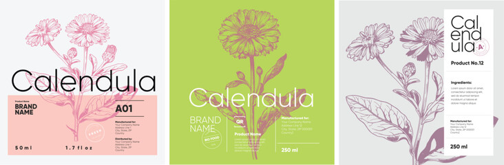 Three pastel-colored labels for calendula products, illustrated in a fine engraving style, paired with modern typography and detailed plant depictions.