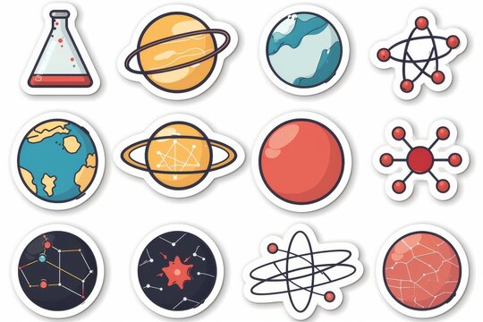 Assorted science themed icons in a colorful, engaging layout, perfect for educational materials on astronomy and physics