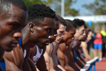 Obraz premium Athletes Ready for Sprint Race - Focused Sprinters Lining Up at Starting Blocks